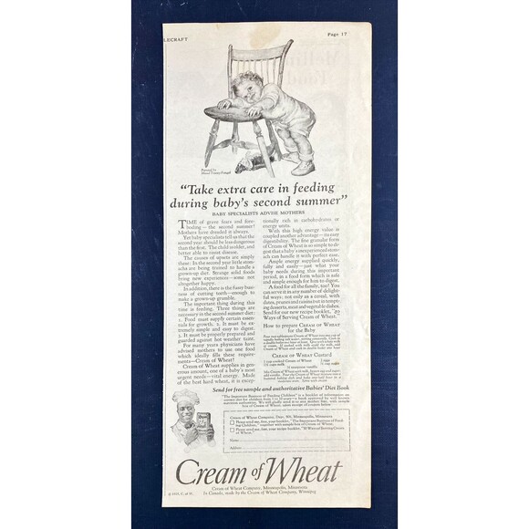 Cream of Wheat "Take extra care in feeding during Baby's 2nd Summer" Vtg Ad 1925 - Picture 3 of 3